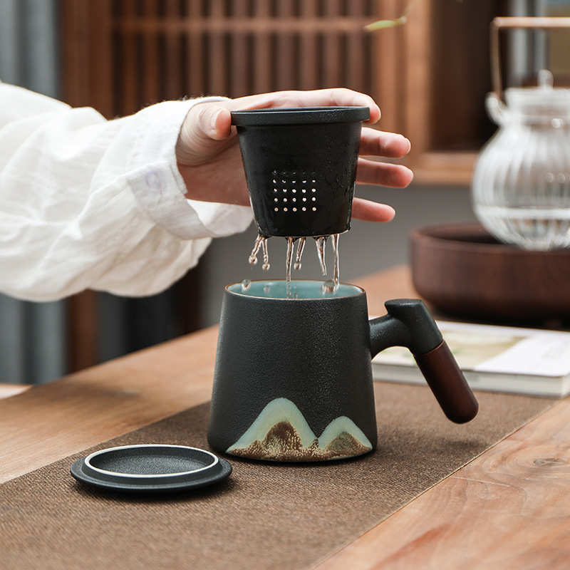 陶瓷个人logo手伴水杯手绘茶杯激光远山泡茶釉彩杯马克礼品办公