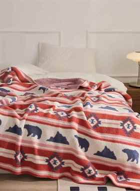 半绒边盖毯aSFP大熊几何毯办公室午睡套毯子针织沙发毯抱枕床尾类