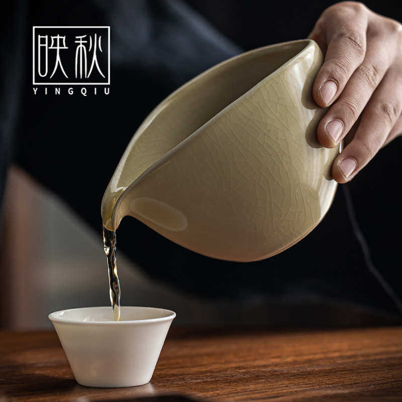 米黄汝窑泡茶公道杯家用陶瓷开片公杯分茶器复古茶海冰裂功夫茶具
