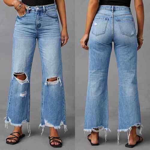 RISE STRAIGHT BLUE RIPPED JEANS Womenswear Streetwear