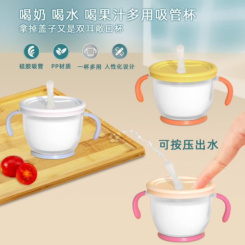 儿童水杯成长型吸管杯婴儿学饮杯按压出水带刻度喝水杯防摔耐热