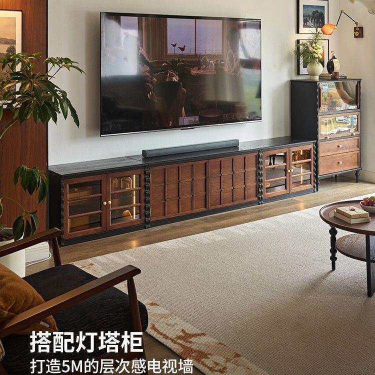 全实木棋盘格柜法式复古电视柜家用储物柜多功能落地柜子置物柜