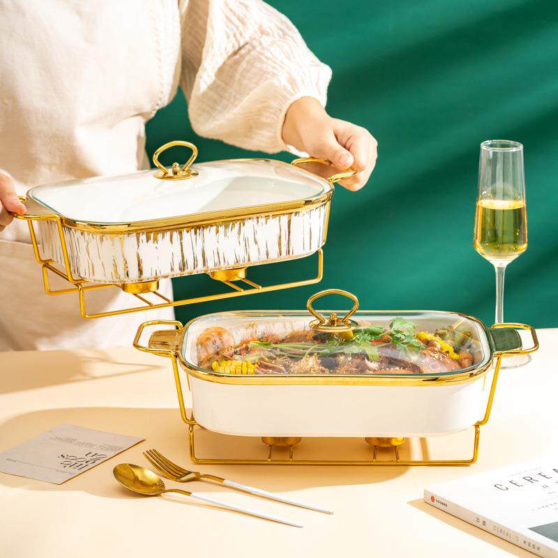蜡烛加热盘酒店餐具耐高温长方形双耳陶瓷烤盘餐盘陶瓷汤锅明炉锅