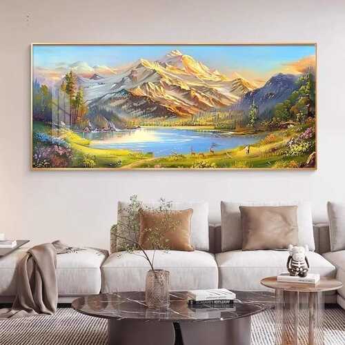 轻装饰画靠山聚宝盆奶油背景图金山山水画奢壁画风客厅墙挂画沙发
