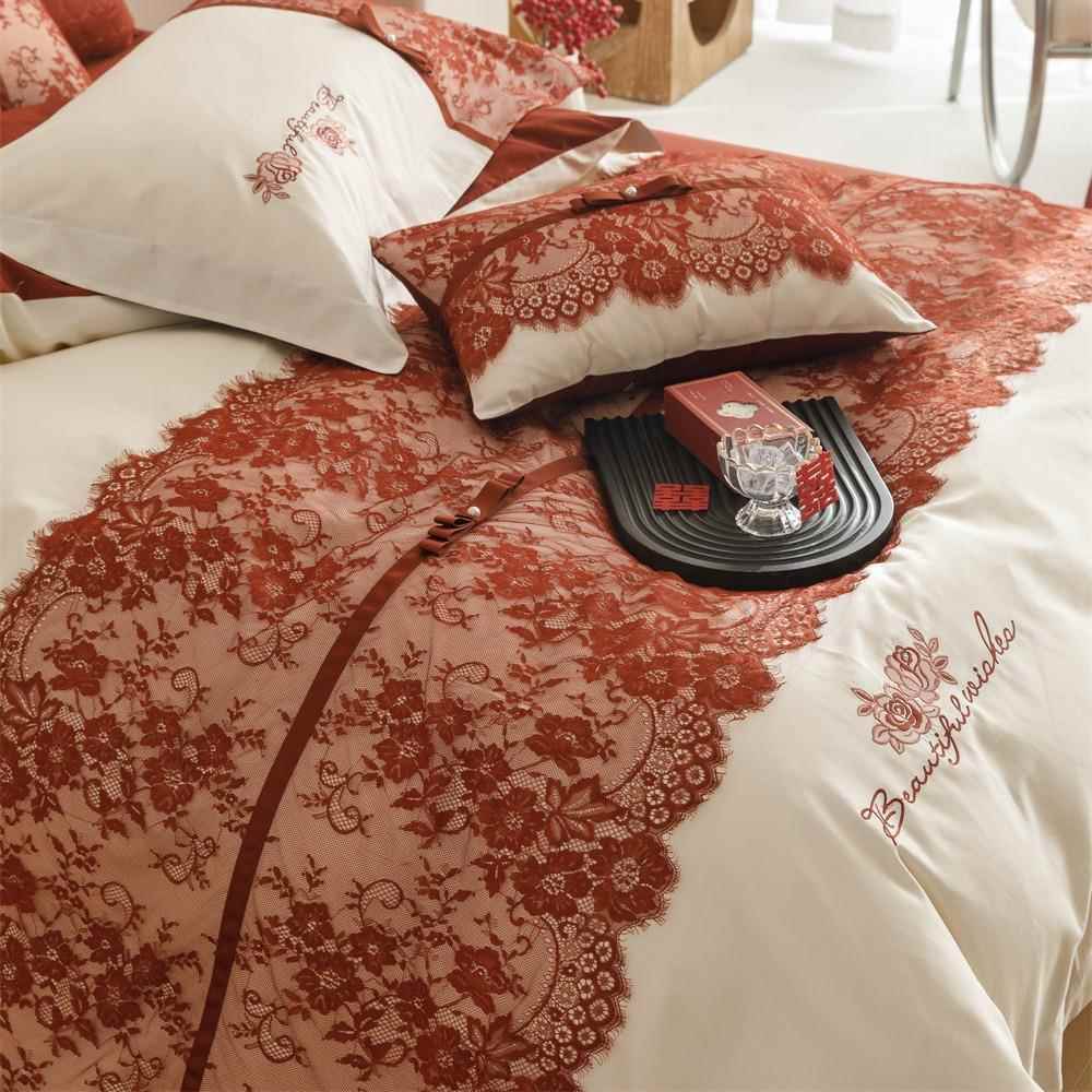 长棉手刺工织蝴蝶结四件套红色蕾丝绣带CXA结婚绒纯棉被套床单
