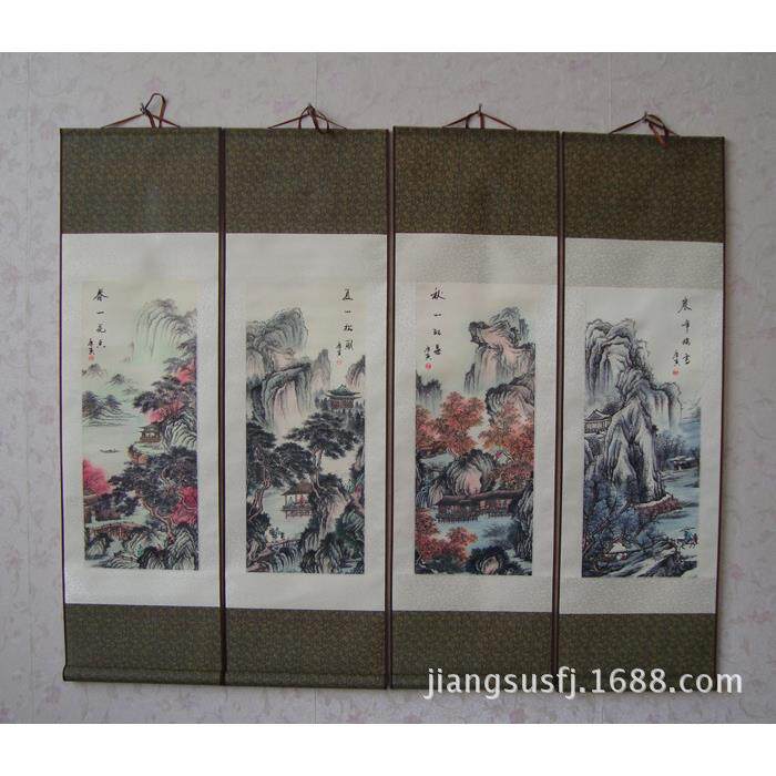 家居装饰唐寅仿古四条屏春夏秋冬丝绸画 卷轴成套国画T12