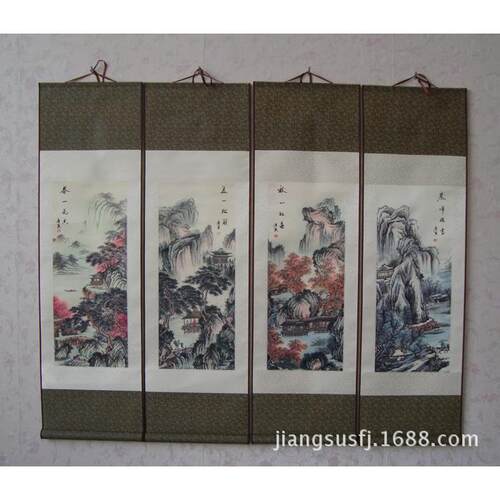 家居装饰唐寅仿古四条屏春夏秋冬丝绸画 卷轴成套国画T12