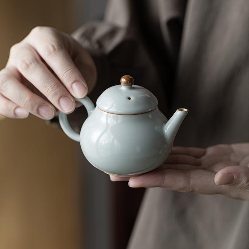 明泉茶斋汝窑茶壶天青色葫芦壶陶瓷单壶复古冰裂釉开片可养泡茶壶