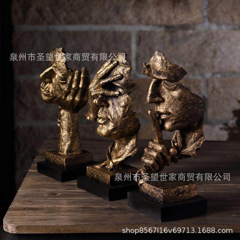 北欧式创意沉默是金抽象雕塑半面人摆件复古客厅家居装饰工艺礼品