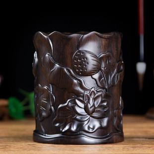 桃花心木笔筒工艺品装饰品木雕实木黑檀木覆古书桌装饰品莲花笔筒