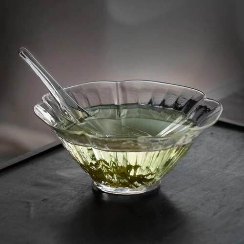 日式抹茶碗带引流嘴高硼硅玻璃碗透明锤目纹冰沙冷泡碗带嘴分茶碗