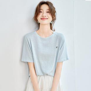 天丝亚麻正肩t恤短袖女2026夏季新款爆款圆领薄款轻奢高级感上衣