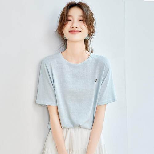 天丝亚麻正肩t恤短袖女2026夏季新款爆款圆领薄款轻奢高级感上衣