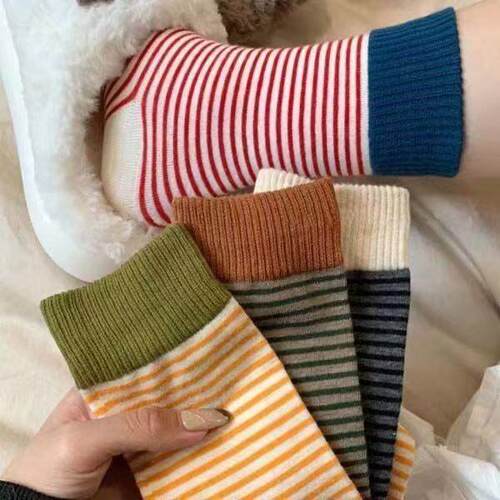 5 Pairs Women's Striped Crew Socks with Side Stripes Winter