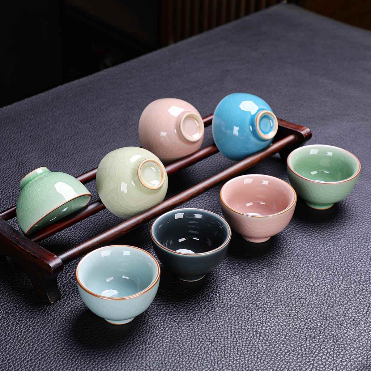 带杯架汝窑茶杯功夫茶品茗杯8祇装陶瓷茶具茶碗喝茶小杯子冰裂纹