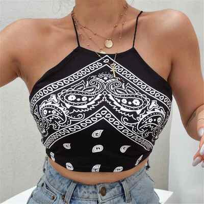 Printed Short Slim Fit Slim Strap for Women印花短款修身吊带