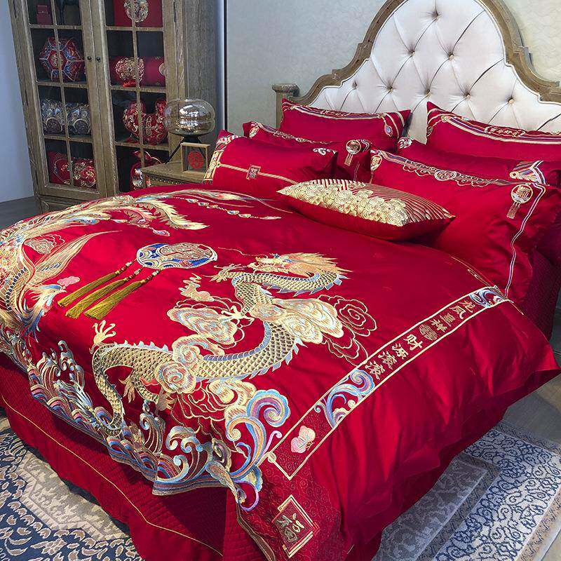 九喜狐婚庆家纺结婚床上用品备婚四件套婚房布置喜被红色龙凤刺绣