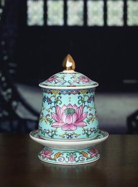 珐瑯彩莲花供杯供佛观音财神爷道家大悲水供奉佛前仙家佛具圣水杯