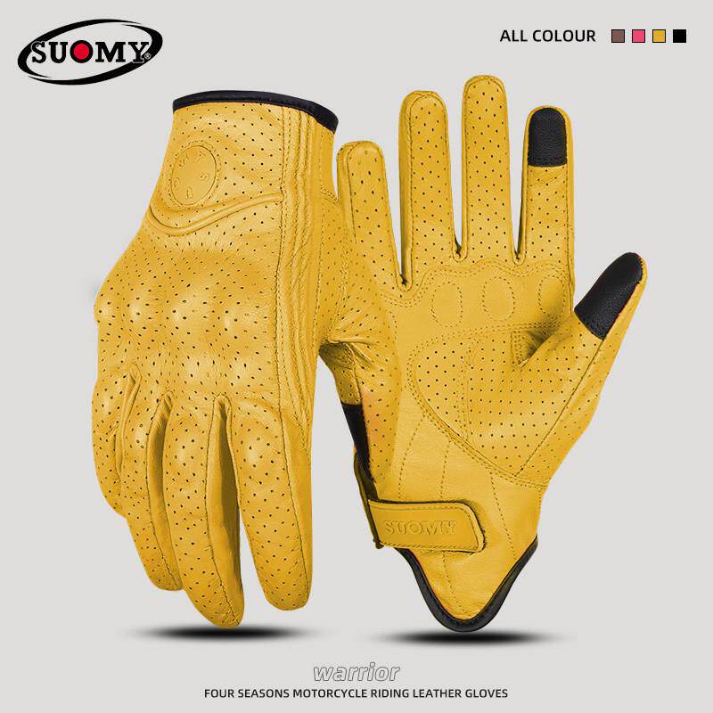 摩托车手套骑真皮防摔夏季触摸屏羊皮覆古摩托车男子的四季透气骑