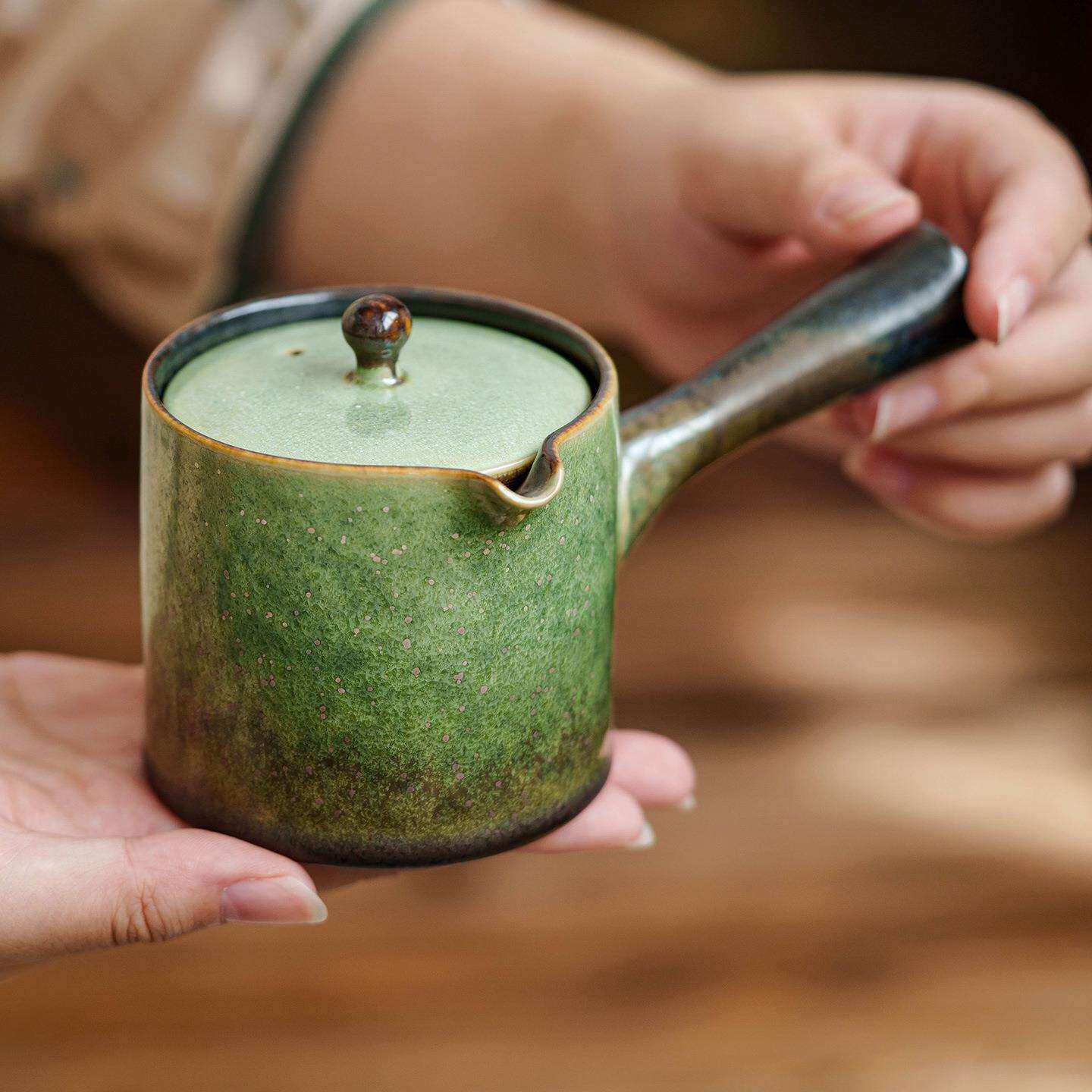 窑变翠绿星空茶壶泡茶家用侧把壶陶瓷茶具茶水壶一人喝茶小壶把手