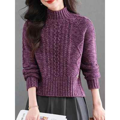 半高领紫色花纱针织毛衣女秋冬2025新款加厚短款打底衫内搭可外穿