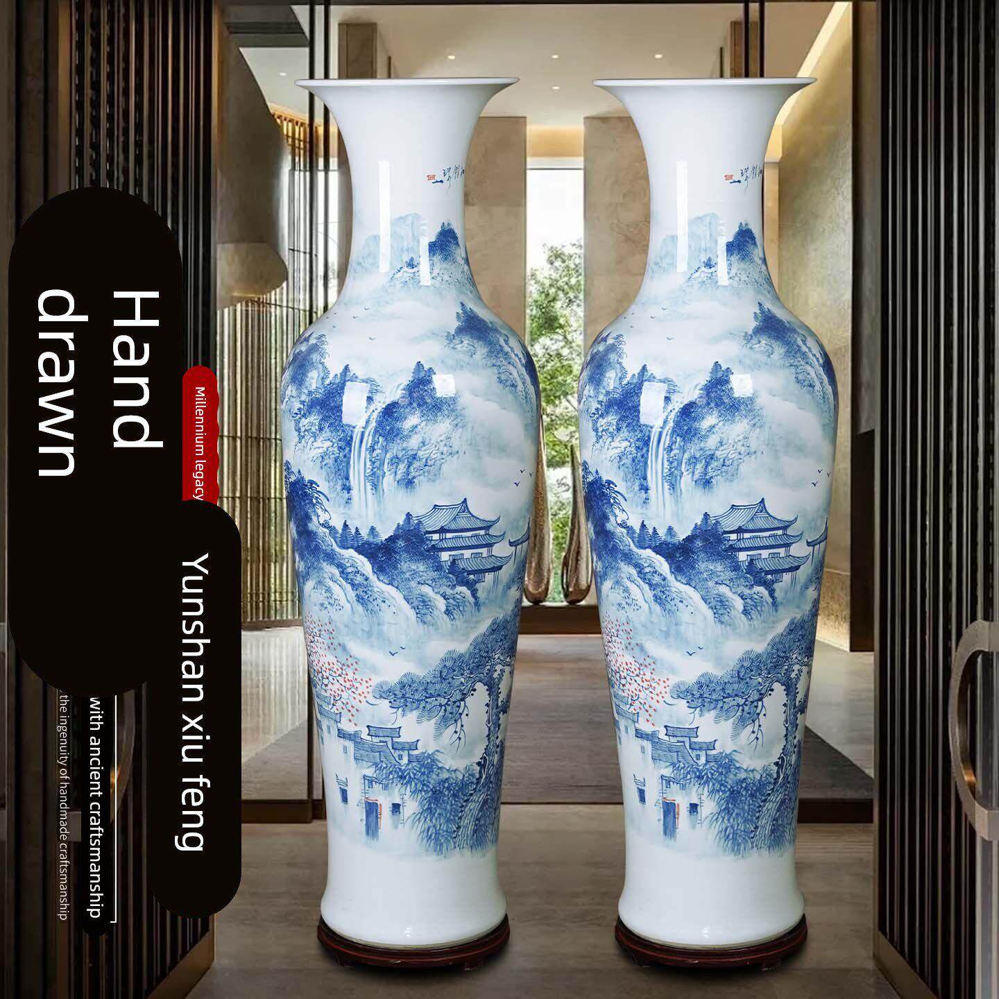 景德镇陶瓷手绘青花瓷大花瓶客厅电视柜酒店公司开业落地摆件送礼