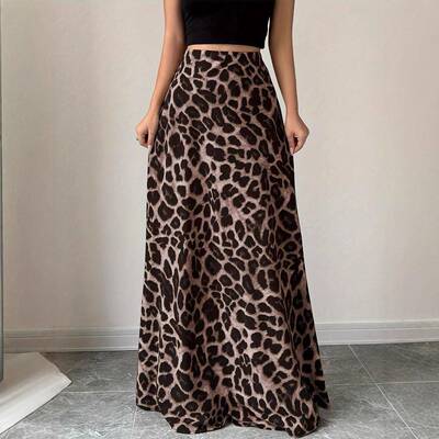 Women ' s Leopard Print Long Dress , Elastic Waist Fitted