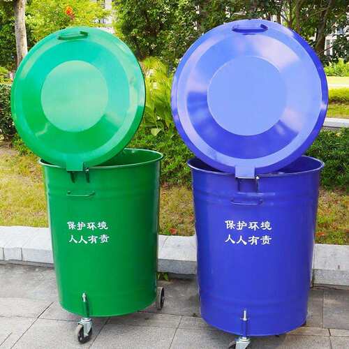 240lL360升圆形铁桶大号户外垃圾筒环卫垃圾桶铁质挂车桶带盖带轮