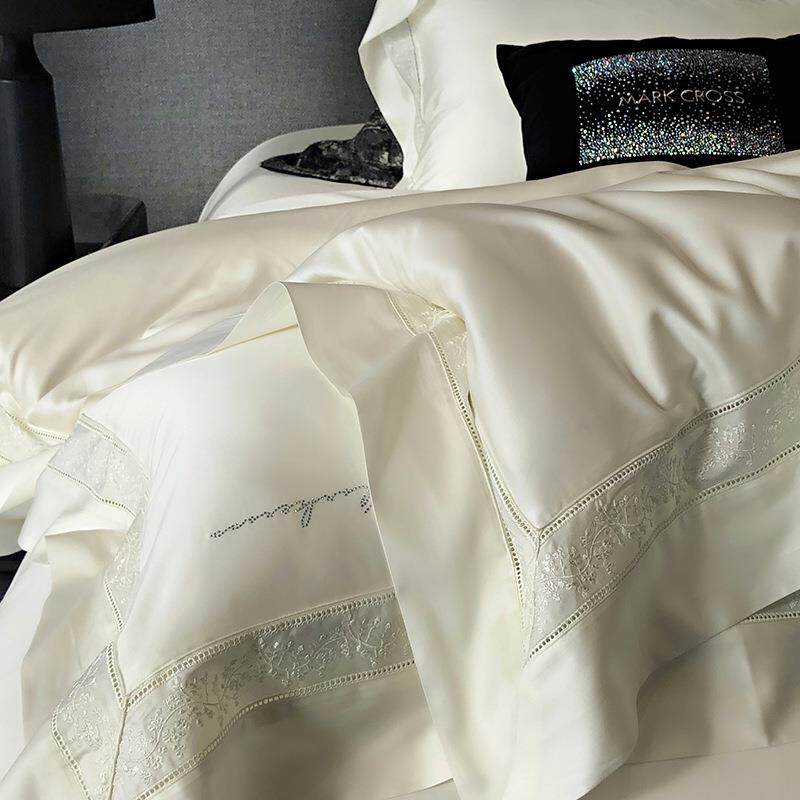 春夏0支LF绣奶10丝天丝四件套镂空花边刺烫砖PMR丝滑1.8床品刺绣