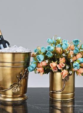 欧式创意黄铜红酒桶干冰桶轻奢家用香槟冰镇桶铜冰桶酒吧酒桶花器