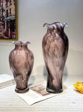 摆件电视柜花瓶装饰品口紫色玄关中古客厅样板间琉璃花边插花餐桌