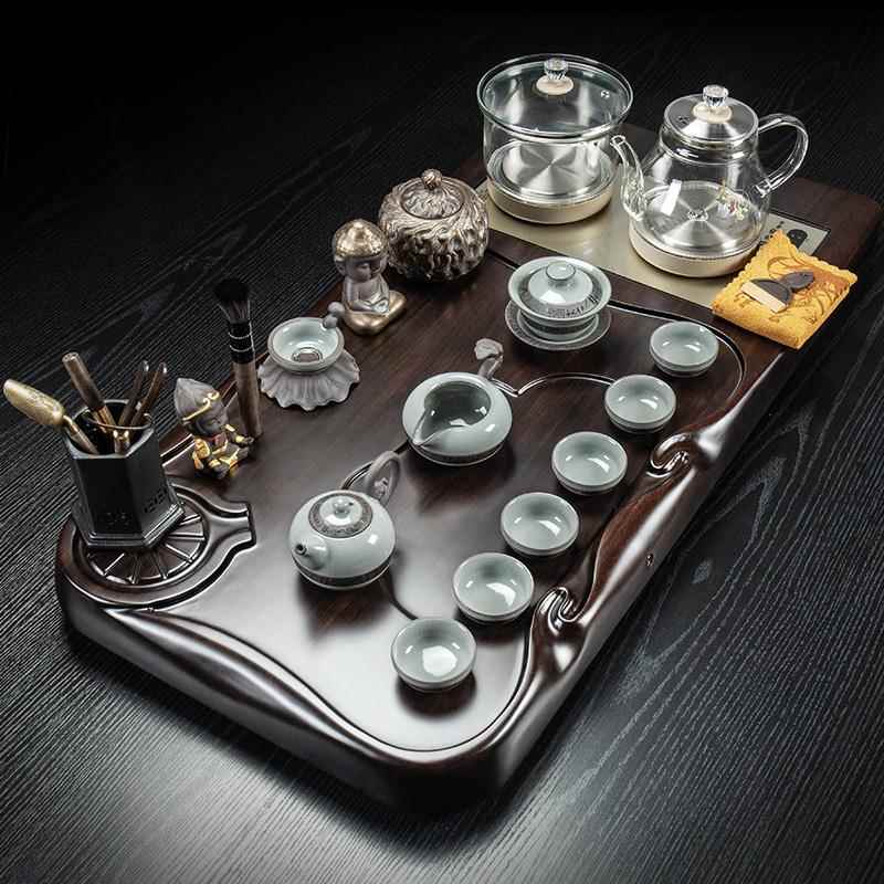 乌木实木茶盘功夫茶具家用茶几整套玻璃茶壶一体化全自动新款