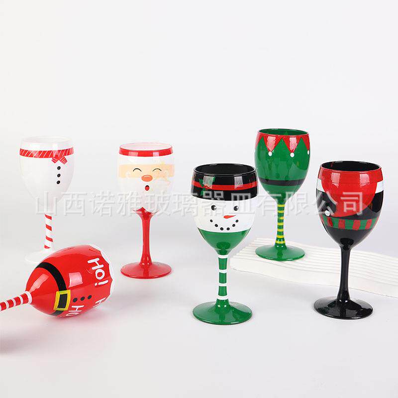 圣诞老人高脚杯人工手绘雪人玻璃杯圣诞装饰主题礼物红酒杯