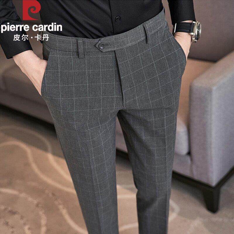 皮尔卡丹男士高级感休闲西裤修身高腰小脚裤商务英伦风格子直筒裤