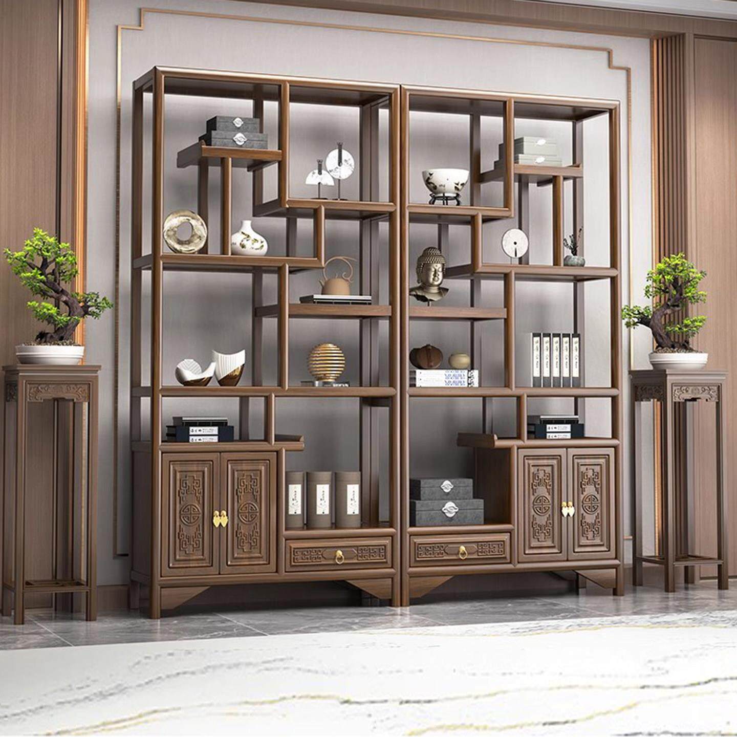 博古架全实木展示柜现代简约置物架新中式书架隔断榆木茶室多宝阁