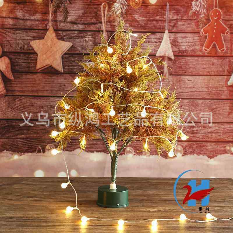 新款跨境仿真开花松针圣诞树迷你小型旋转桌面圣诞节装饰发光摆件