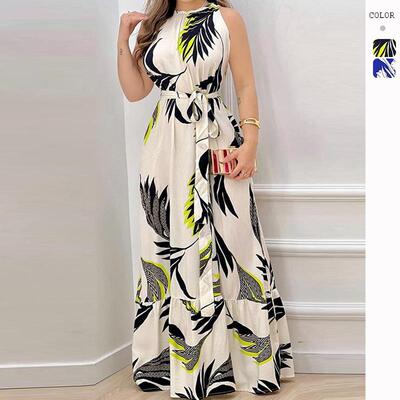 Casual Women Sleeveless Ruffled Dress Tropical Print