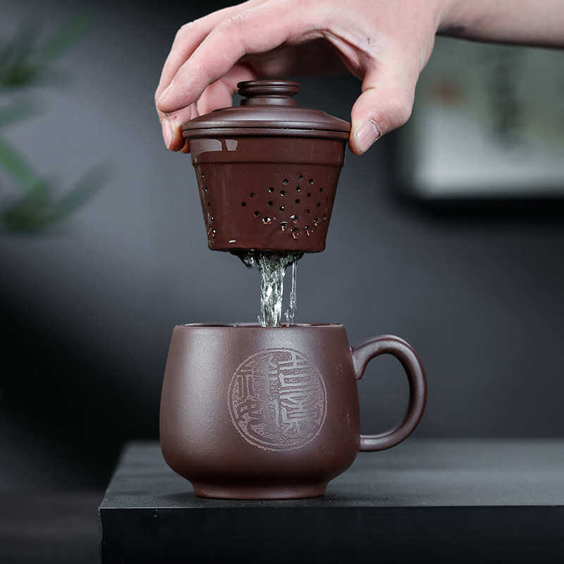 批发宜兴紫砂茶杯纯手工陶刻吉祥如意三件套办公室泡茶杯茶具礼品