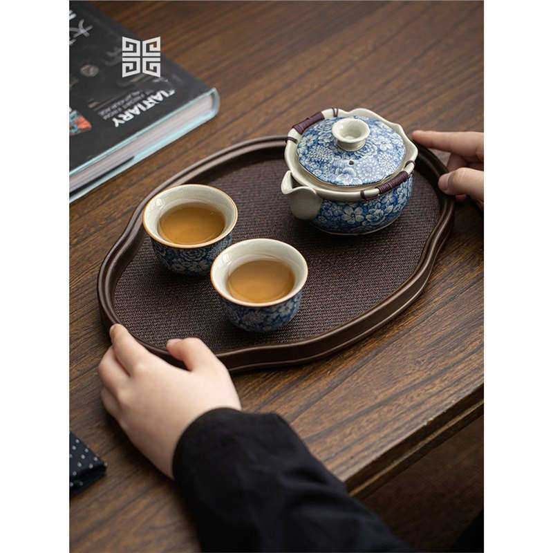 仿古汝窑青花手抓壶高档家用不烫手功夫茶壶盖碗开片可养厂家批发