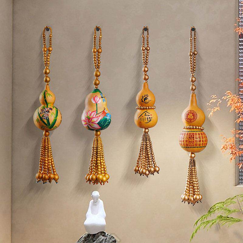 门口壁挂件彩绘荷花雕刻葫芦串吊坠办公室客厅玄关装饰品乔迁礼品