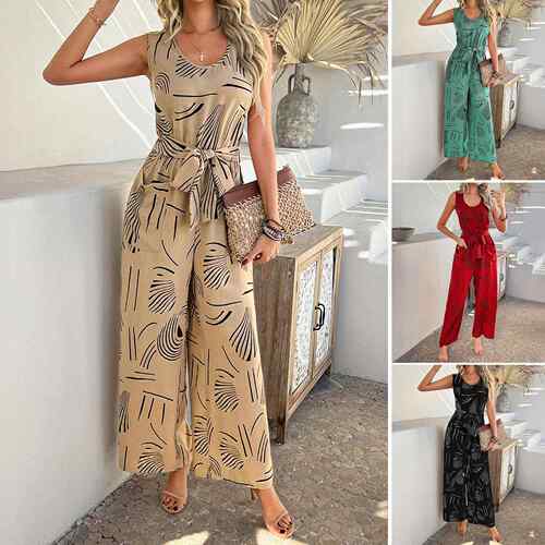 Womens All Over Print Tie Front Jumpsuit Casual Sleeveless