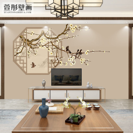 18d现代新中式花鸟墙纸电视背景墙壁纸5d大型壁画8d卧室床头墙布