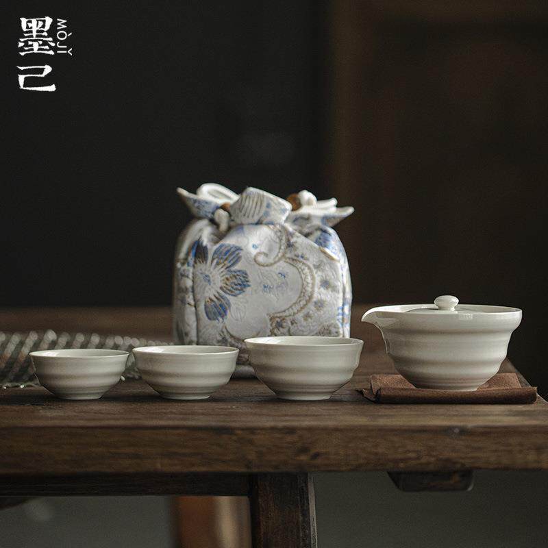 墨己草木灰古泥手抓碗一壶三杯旅行茶具锦囊袋便携包快客杯茶具