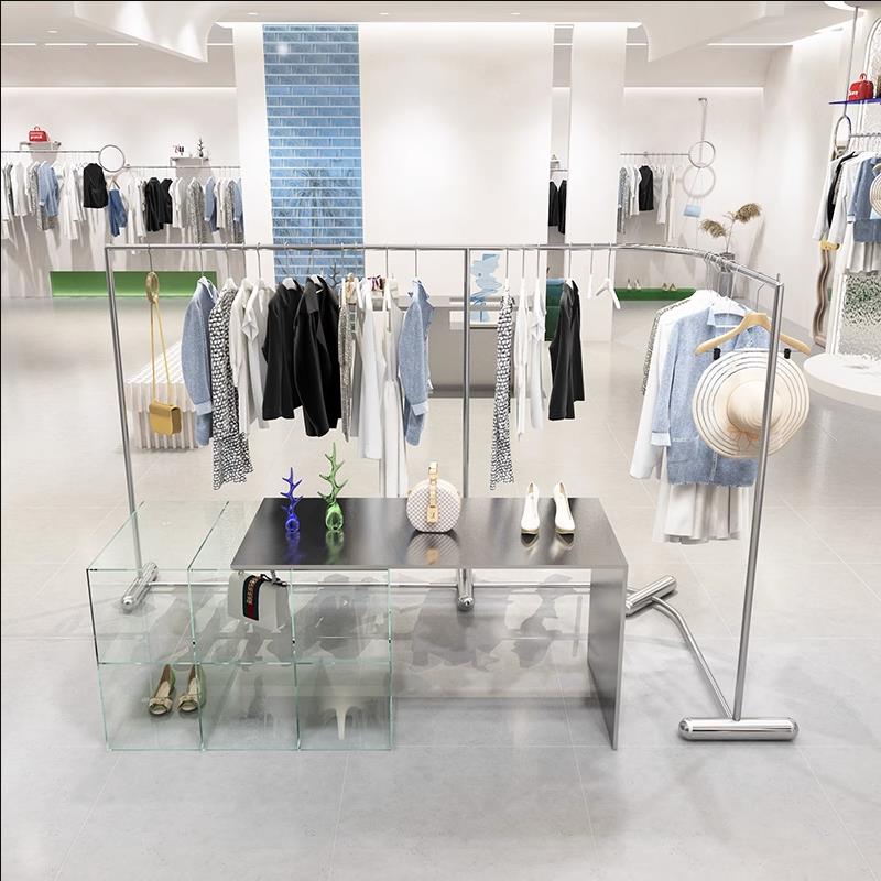 创意服装展示吊架男女装店落地弧形不锈钢拉丝中岛架侧挂陈列道具