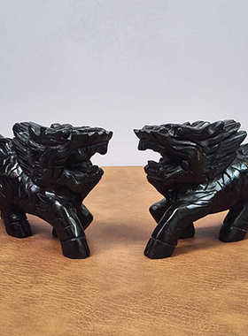天然黑玉麒麟一对摆件黑曜石玉石麒麟玉雕家居办公工艺品摆设