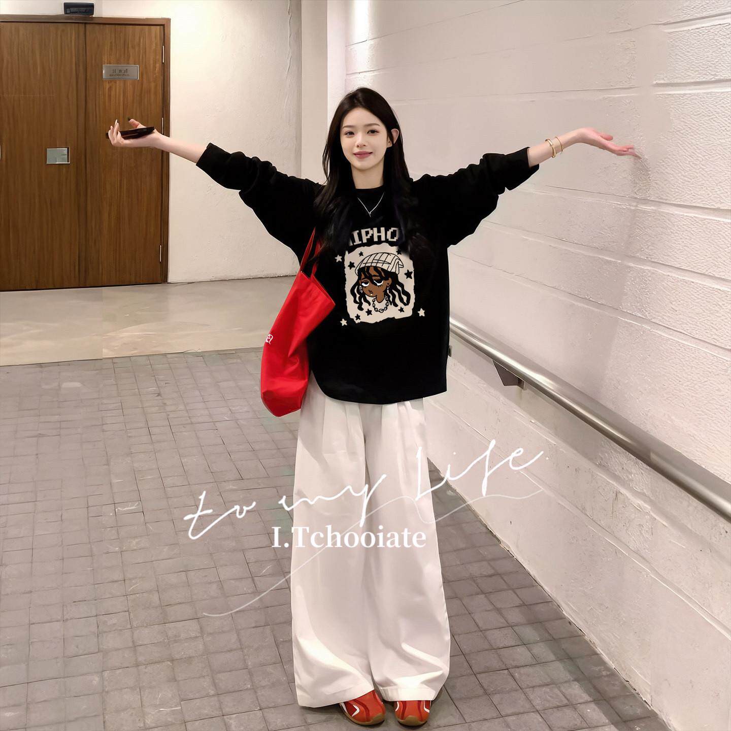 I.Tchooiate黑色长袖t恤女款2026爆款春季纯棉打底衫美式休闲上衣