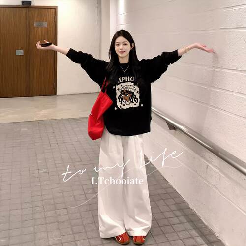 I.Tchooiate黑色长袖t恤女款2026爆款春季纯棉打底衫美式休闲上衣