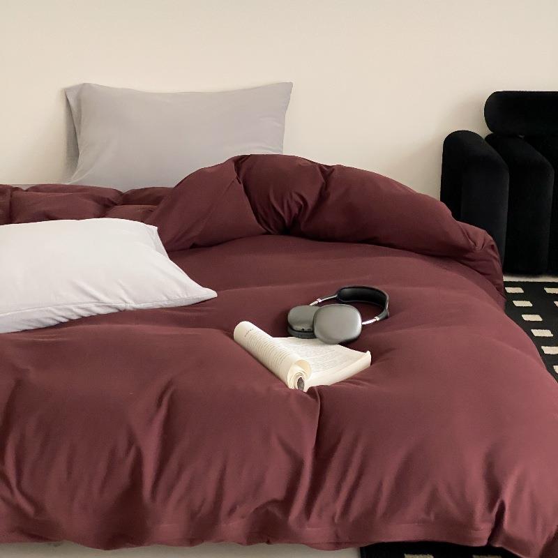 安哥拉红双拼全棉针织棉四件套裸睡纯棉天竺棉被套床单床笠三件套