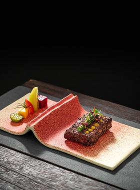 酒店陶瓷红色子釉方形日平盘子分料长理意境融PKU合菜餐具式卷书