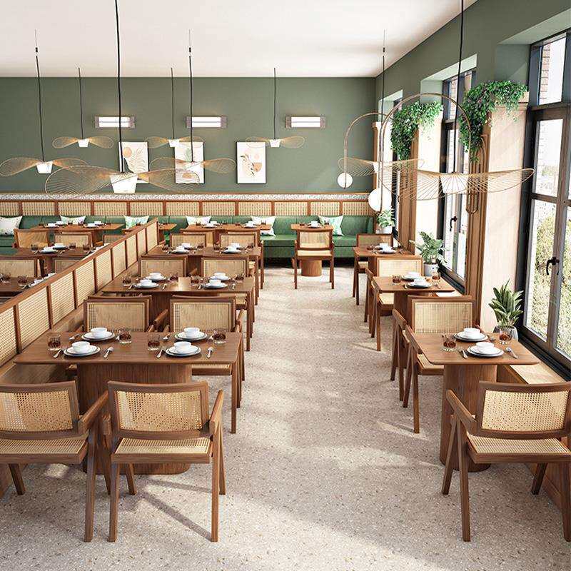商用咖啡奶茶小吃烧烤火锅店桌椅组合实木藤编日式面馆茶餐厅卡座